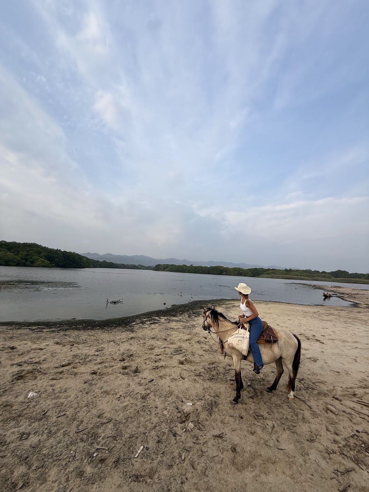A shared horseback ride beside the water
